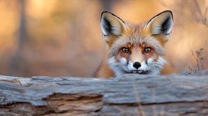 Fototapeta premium Red fox peering over log in autumn forest (2)