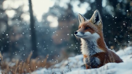 Fototapeta premium Red fox sitting in snowy winter forest