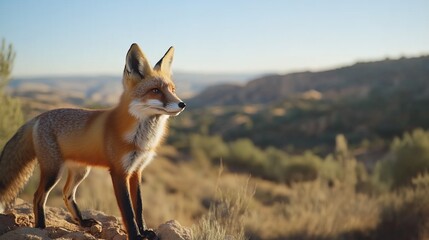 Red fox standing, desert vista, sunset