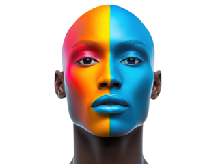 Striking face paint portrait, woman with colorful makeup on black background