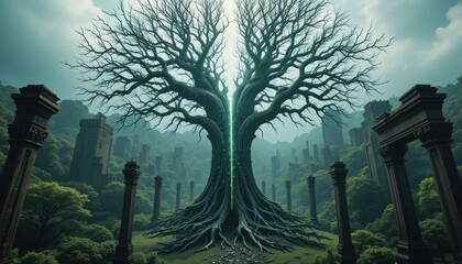 Ancient Ruins Enveloped by Lush Forest Mysterious Giant Tree Centerpiece Fantasy Landscape