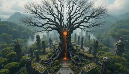 Enormous Ancient Tree of Life at Center of Mysterious Fantasy City Surrounded by Lush Green Forest Hills
