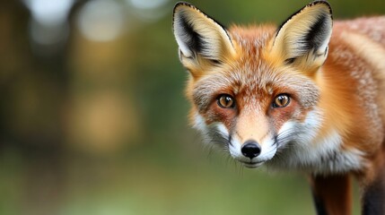 Fototapeta premium Red fox staring, autumn woods background