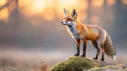 Fototapeta premium Red fox standing sunrise forest