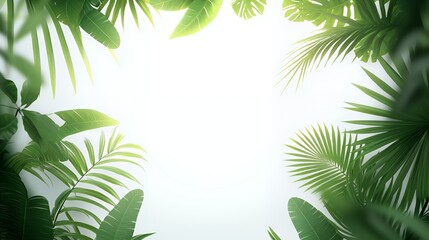 Fototapeta premium Lush Green Tropical Leaves Frame Bright Summer Background