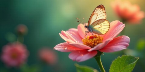 A delicate butterfly, wings spread wide, rests gently on a dew-kissed pink flower, bathed in the soft glow of morning sunlight, a tranquil scene of nature's gentle beauty.