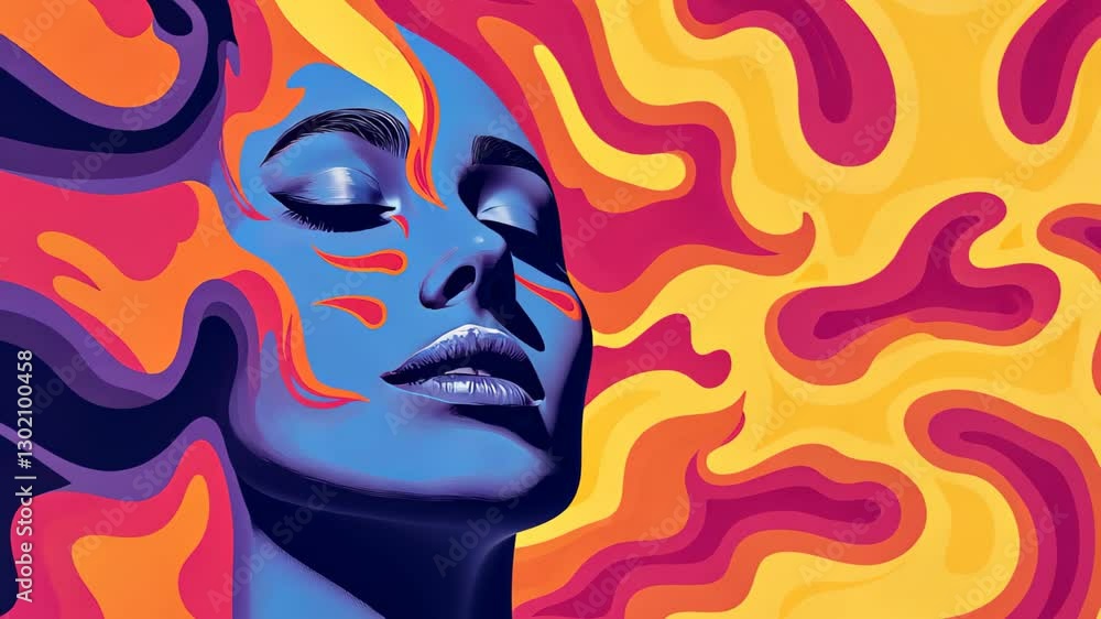 Poster psychedelic music representation with vibrant abstract colors and patterns illustration in fluid art
