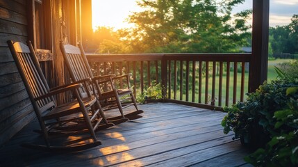 Sunset rocking chairs on a porch