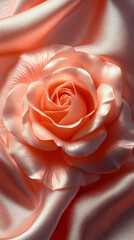  A delicate rose flower resting on luxurious soft pink silk fabric, symbolizing love, purity, and elegance, blending modern beauty with timeless symbolism of romance and grace