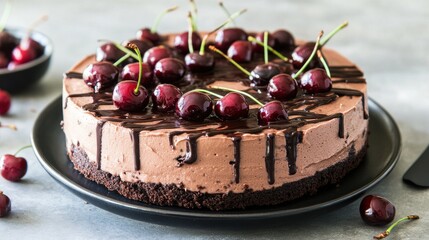 Chocolate cheesecake topped with fresh cherries and chocolate drizzle