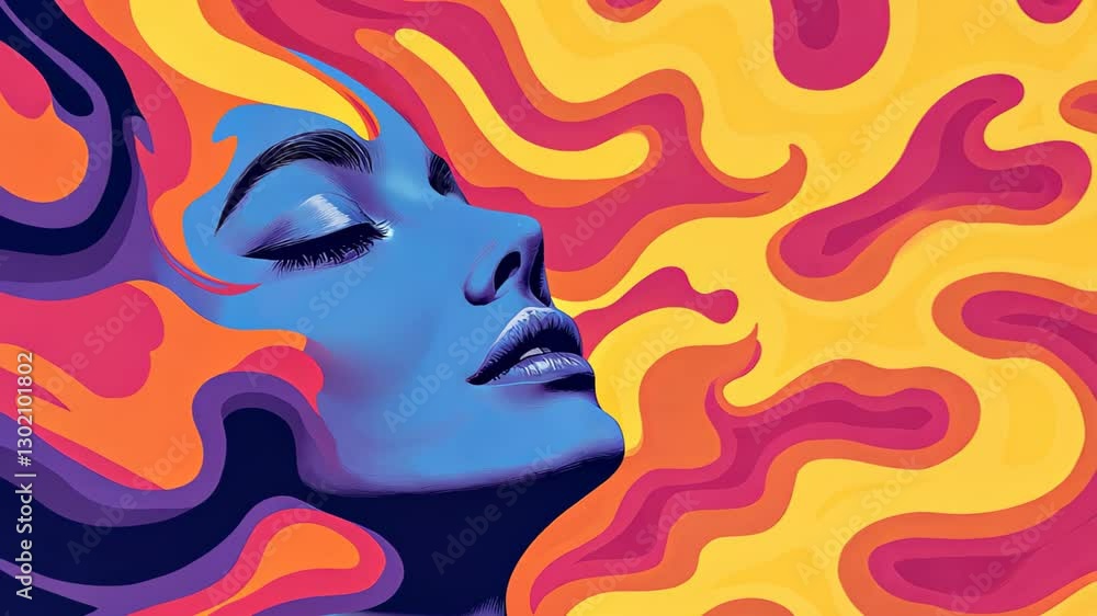 Poster psychedelic music representation with vibrant abstract colors and patterns illustration in fluid art