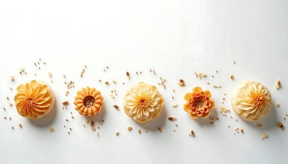 Obraz premium Floral arrangement with pastel yellow and orange flowers on white background, top view