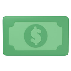 3D illustration of a single green dollar bill with a dollar sign symbolizing money and finance