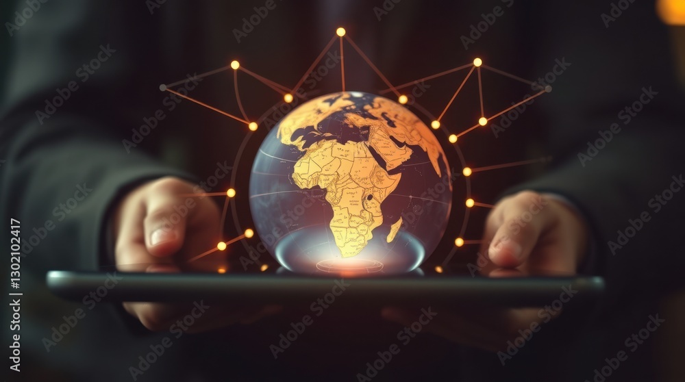 Poster digital world: globe on tablet with network connection. futuristic tech connects continents in hand.