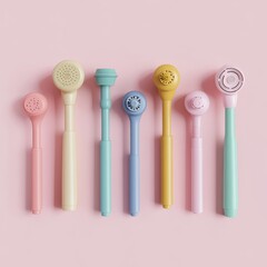 Pastel Colored Shower Heads on Pink Background