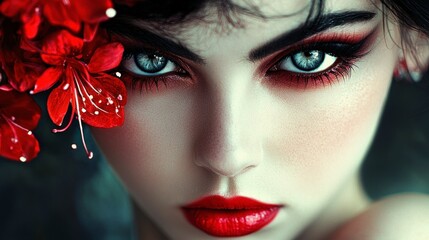 Stunning Close-Up of a Modern Glamorous Portrait Highlighting Realistic Features and Vibrant Floral Elements