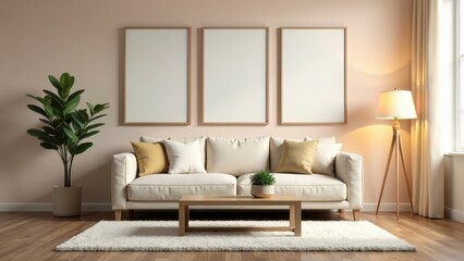 Serene Living Room Interior Design with Neutral Tones and Minimalist Decor Featuring a Comfortable Sofa, Stylish Coffee Table, and Elegant Floor Lamp