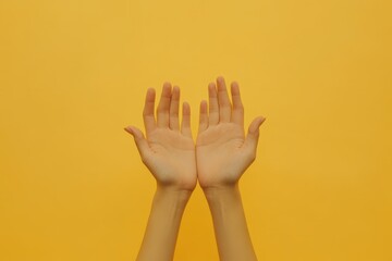 Two open hands facing upward against a solid yellow background