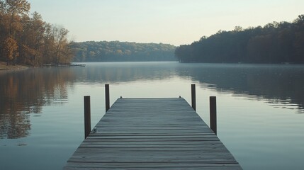 Serene autumn lake dock, misty morning calm