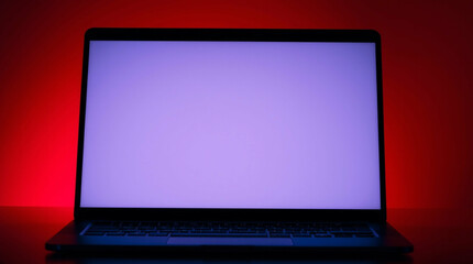 Illuminated laptop screen reflecting in dramatic red atmosphere