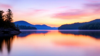 Fototapeta premium Serene sunrise over mountain lake reflection