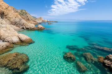 Fototapeta premium Crystal clear turquoise water along a rocky coastline with rugged cliffs and a bright blue sky in a tropical paradise