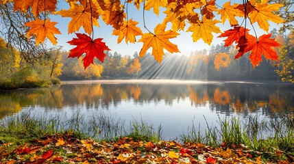 Vibrant Autumn Leaves Over Calm Lake at Sunrise