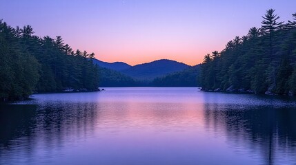 Serene sunset over calm mountain lake