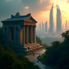 Obraz premium A Journey Through Time: Stone Temple and Glowing Metropolis in Harmony