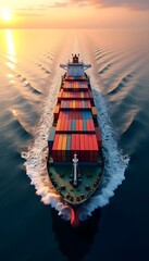An aerial top-down view of a massive cargo container ship sailing through the ocean, representing global trade, freight shipping, and logistics transportation.
