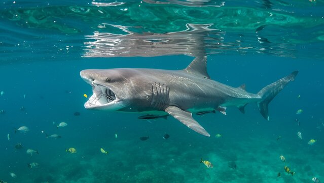 A stunning depiction of a basking shark (Cetorhinus maximus) gracefully gliding through the deep blue ocean