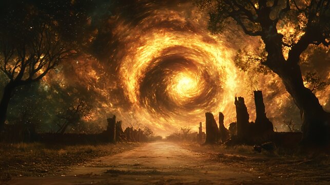 Fiery Spiral Galaxy Over Ruins at Night