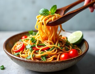A dynamic shot of a bowl of steaming spicy noodles with strands being lifted into the air, creating an appetizing visual against a clean, empty background.
