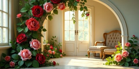Romantic Archway with Blooming Roses and Elegant Chair in a Sunlit Room