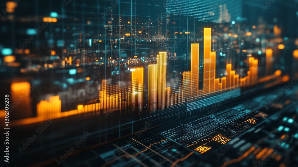 Poster abstract financial data visualization with rising bar charts on digital screen.