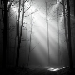 Obraz premium Generative AI Ethereal Fog in Silent Winter Woods forest fog trees path winter monochrome black and white sun rays mist woods mystery serenity isolation mood peace - Lasting impression.