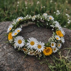 A bohemian-style flower crown with daisies and wildflowers.