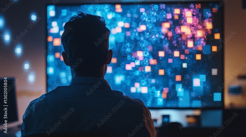 Poster man viewing a bright screen displaying abstract glowing squares in a dark room