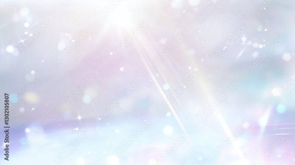 Poster soft light blue and white pastel background with sparkling bokeh, subtle glitter, and dreamy rainbow