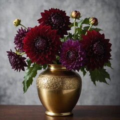 A gold-trimmed vase with deep red and purple dahlias.