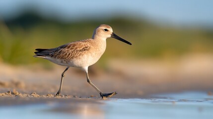 Obraz premium Shorebird walking beach sunset wetland