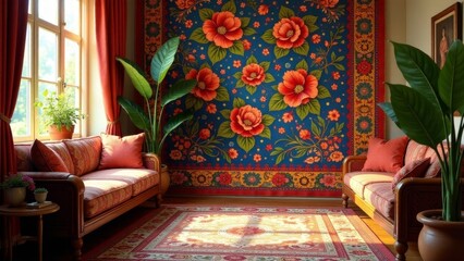 Sunlit Living Room with Vibrant Floral Tapestry and Comfortable Couches