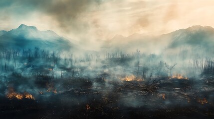 Obraz premium Forest fire burning in mountainous landscape, smoke and haze obscuring the view.