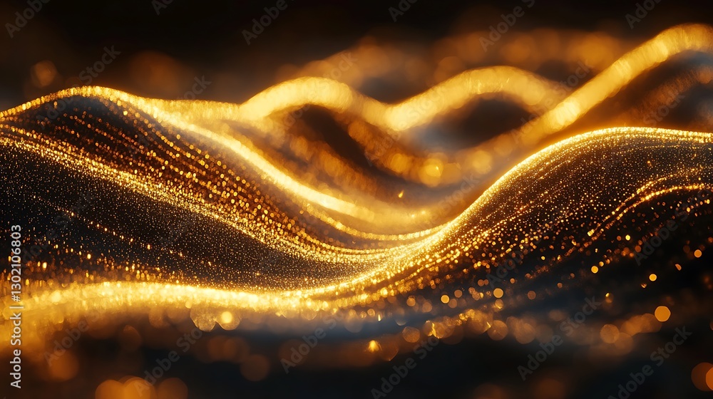 Poster a wave of golden glitter on a black background, shiny and shimmering with particles, creating an ele