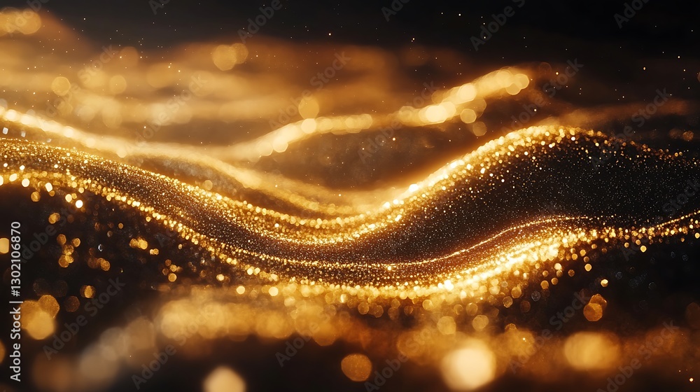 Poster a wave of golden glitter on a black background, shiny and shimmering with particles, creating an ele