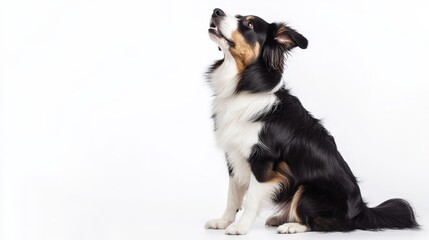 A sleek, attentive Black and White Border Collie sits poised on a pristine white backdrop. Its head tilts gently to the right, eyes brimming with curiosity as it gazes leftward, capturing an essence o