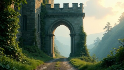 Fototapeta premium Ancient Stone Archway Leading to Serene Hillside Vista