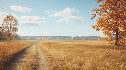 Obraz premium Autumnal Landscape: Golden Field with Dirt Road and Yellow Trees