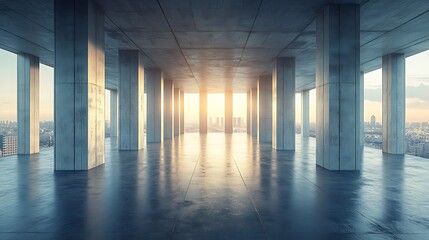A wide-angle view of an empty concrete room with symmetrical columns, creating sharp lines and angles that emphasize the minimalist aesthetic.