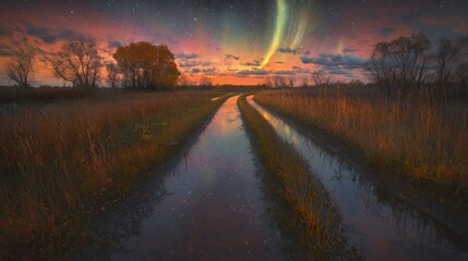 Autumnal Landscape with Aurora Borealis at Night